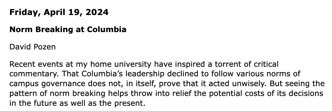 Norm breaking at Columbia, this dissection of the administration's high-handed actions by Charles Keller Beekman Professor of Law, David Pozen is measured and devastating. Highly recommended! balkin.blogspot.com/2024/04/norm-b…