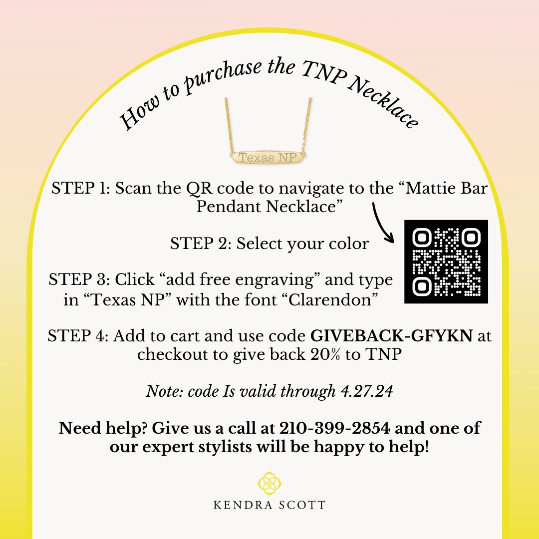 Kendra Scott's Giveback to TNP Foundation extended to 4/27 online! Visit KendraScott.com today through April 27 to purchase your Texas NP engraved necklace for 20% of your purchase to go to TNP Foundation. #TNPF #TexasNPs #KendraScottGivesBack