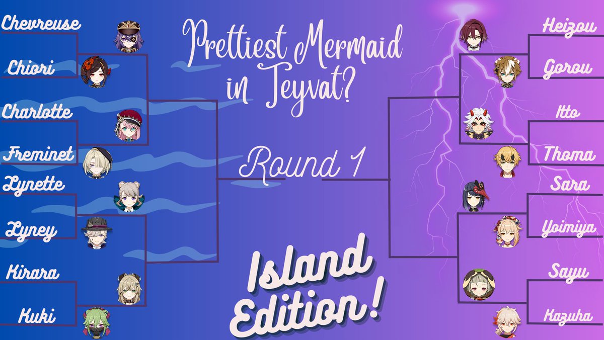 GenshinSeasZine's tweet photo. It's time for our next battle round! Island edition! And don't forget if you don't see your favorite #Fontaine or #Inazuma character it's because they are in our VIP round!
#pollbattle #genshinseaszine #lurkinginthedeep https://t.co/KUCY8ZR6nx