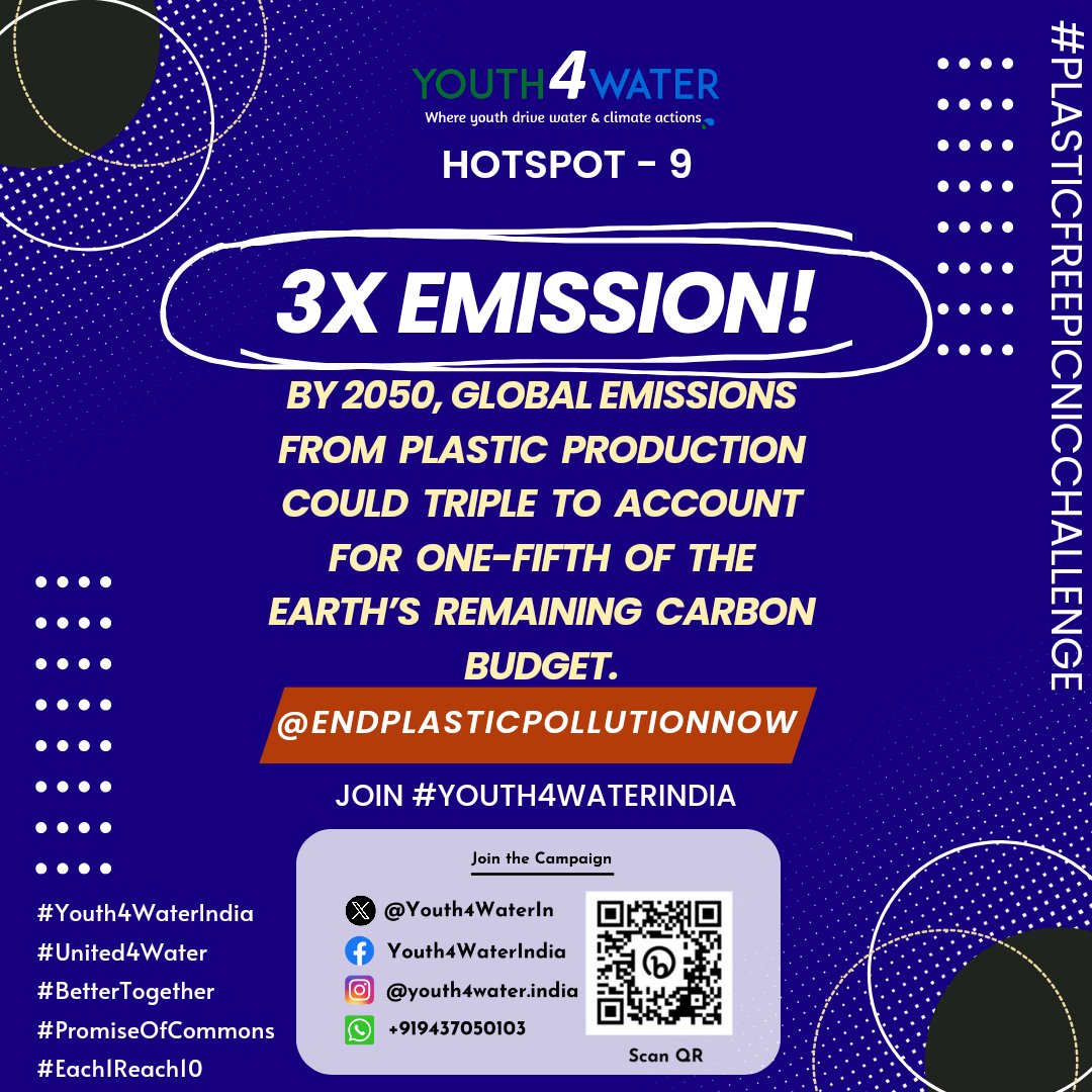 Plastics emissions to be up, up and up & make new records soon, unless we take drastic actions to reduce both production & use. Join the #PlasticFreePicnicChallenge and be the #changemaker!

#Youth4WaterIndia