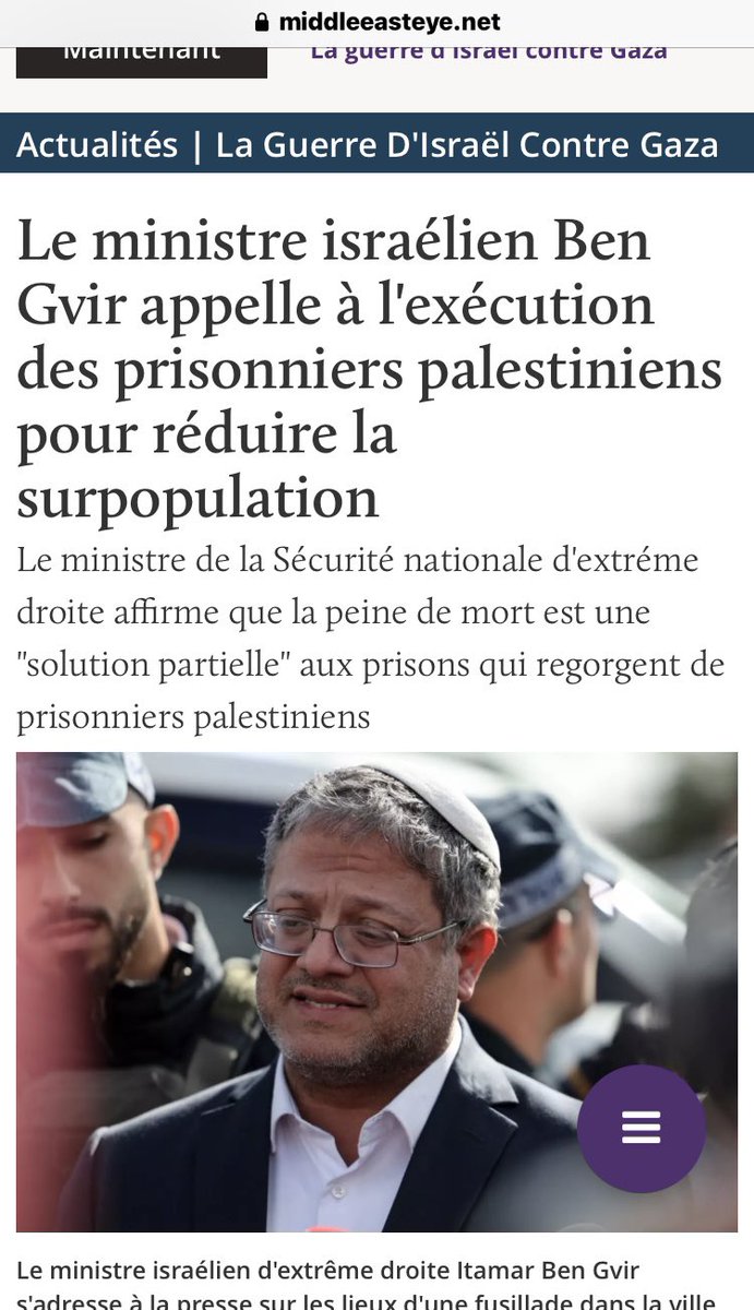 🔴🇮🇱Le ministre israélien de la Sécurité nationale, Itamar Ben Gvir a appelé à l’exécution de prisonniers palestiniens pour « atténuer la surpopulation dans les prisons israéliennes ». Le ministre d'extrême droite affirme que la peine de mort est une « solution partielle » aux