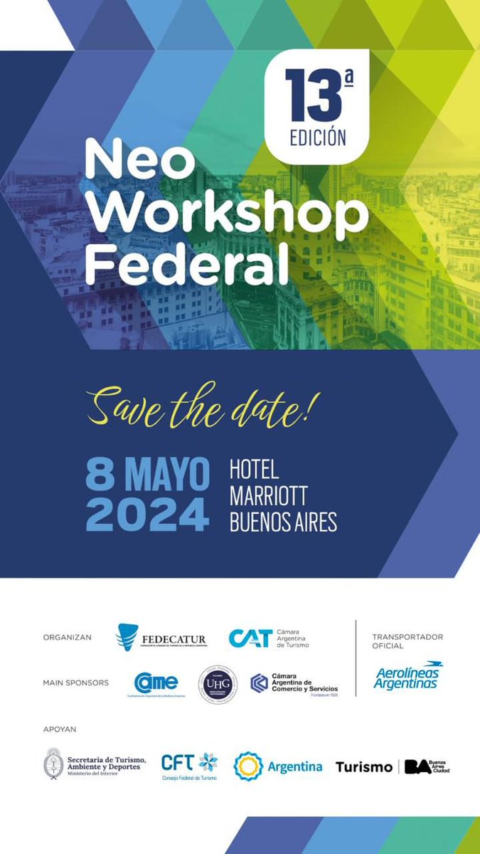 caturpba's tweet photo. 📣 *ATENCIÓN* Estimados prestadores:

👉Desde la *Cámara de Turismo de la provincia de Buenos Aires* les compartimos invitación del *Neoworkshop* Federal de FEDECATUR. 

📍El evento se realizará el *día 8 de mayo* del 2024 en el *Hotel Marriot*, Buenos Aires. 

👆 https://t.co/cB6jHaIUjf