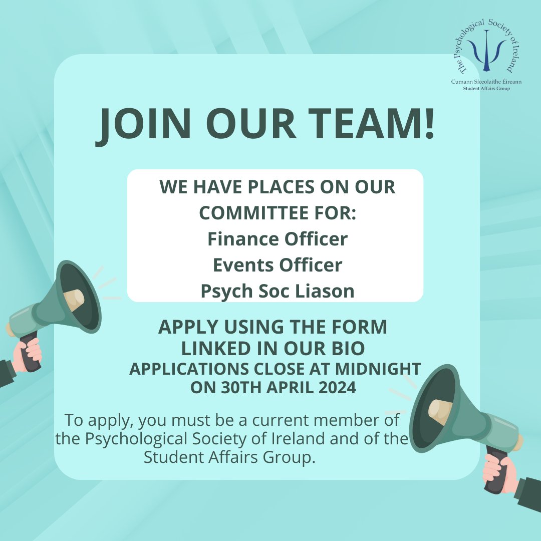 PSI_SAG's tweet photo. Come and join us on the SAG Committee! 
We have places for a Finance Officer, Events Officer (to join the events team), and Psych Social Liaison. Role descriptions are also linked in our bio. Please fill in the application form linked in our bio by 30th April! https://t.co/CgxsTrDejO