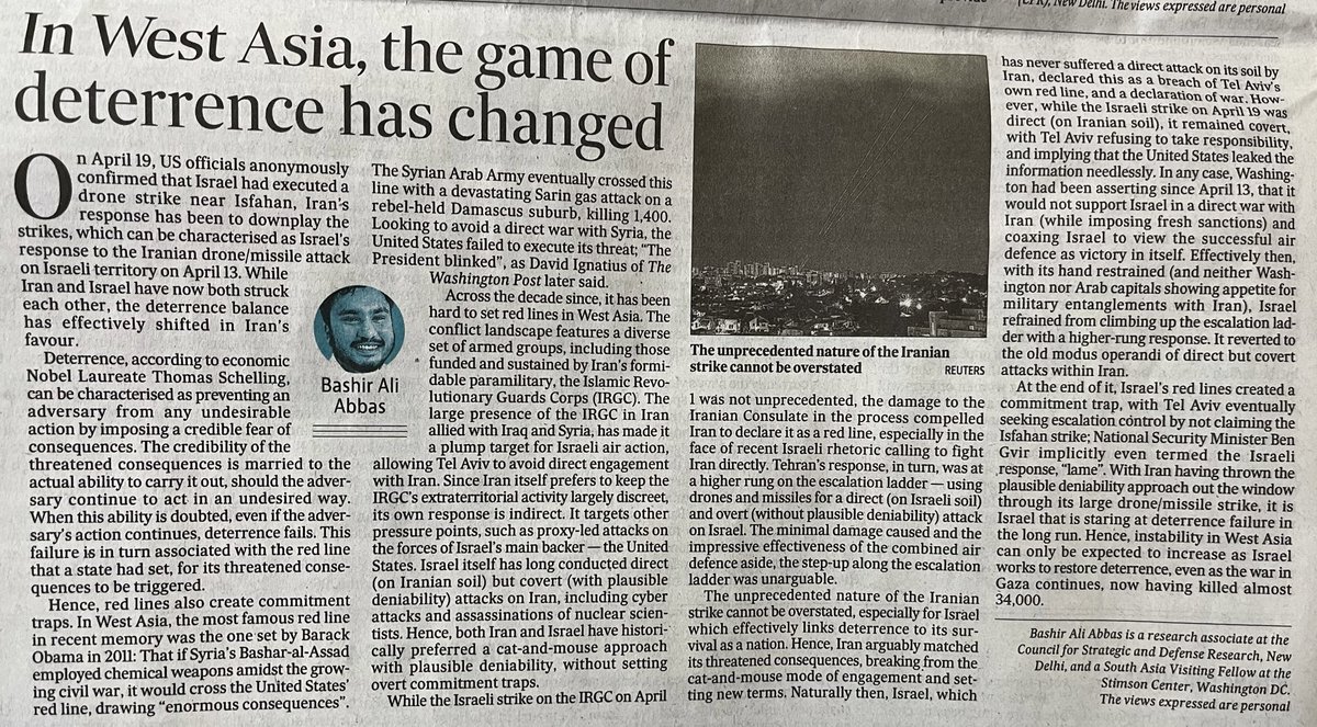 Read the print edition of my piece in today’s @htTweets where I explore how the meaning of deterrence has changed in #WestAsia, especially between 🇮🇷and🇮🇱