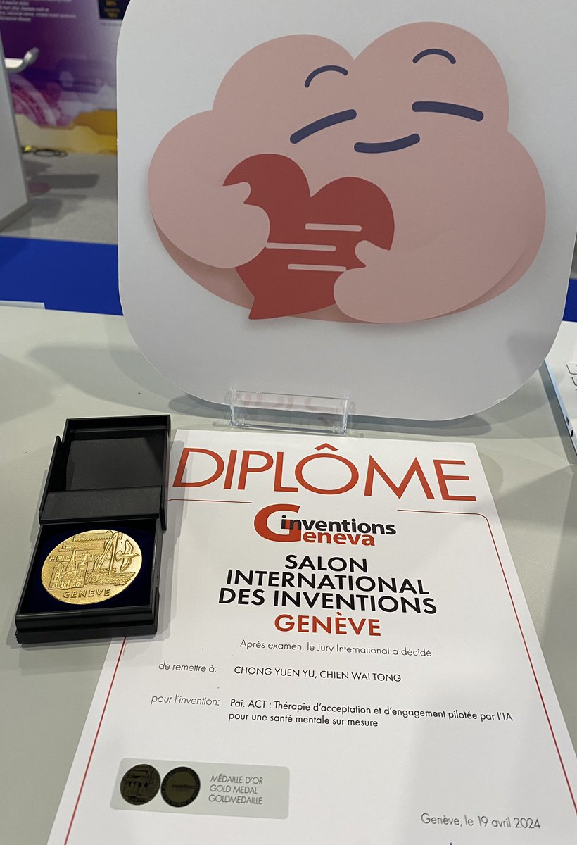 ConnieChong1's tweet photo. Delighted to be awarded the gold medal 🥇at the International Exhibition of Invention in Geneva for our groundbreaking invention #PaiACT. 🏆 This marks an important milestone for us in promoting AI-driven personalized mental health care @cuhknursing @WT_Chien https://t.co/2VtNNT9ZF5