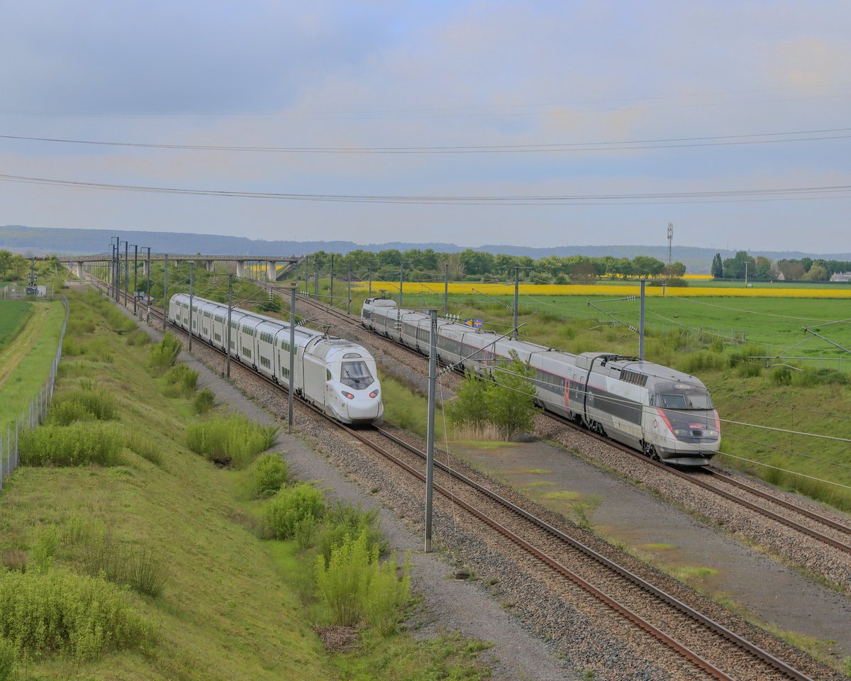 La relève approche ! Croisement entre le TGV M rame 997 en essais et la Rame Réseau 508 sur la Lgv Est jeudi dernier. @SNCFVoyageurs @Alstom @TGVINOUI