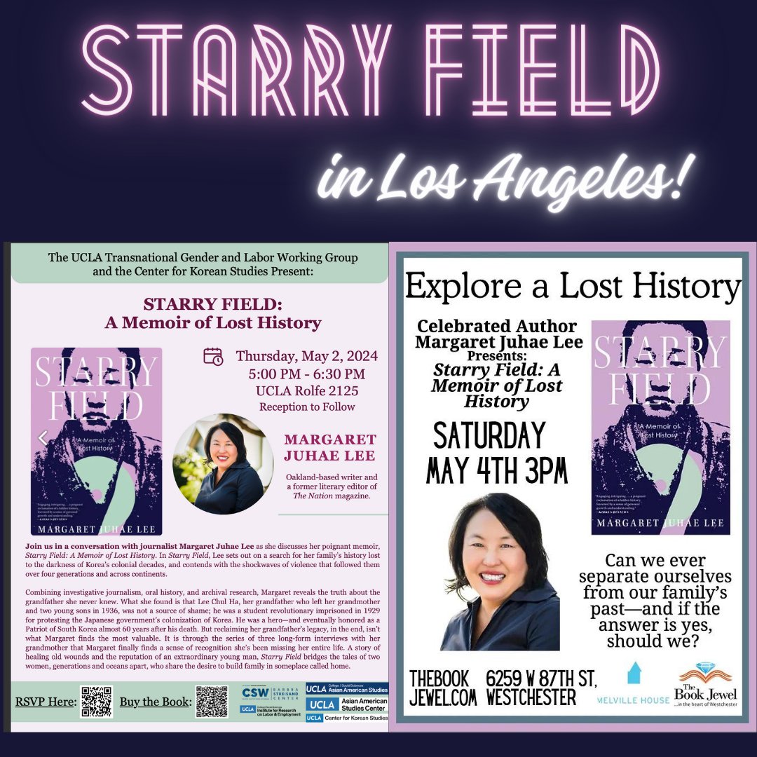 The STARRY FIELD tour takes me to LA in May! On May 2 @CKS_UCLA (see flyer below for registration) and on May 4 @book_jewel in conversation with memoir/@GoldinAgency pal @roseandersen. @melvillehouse