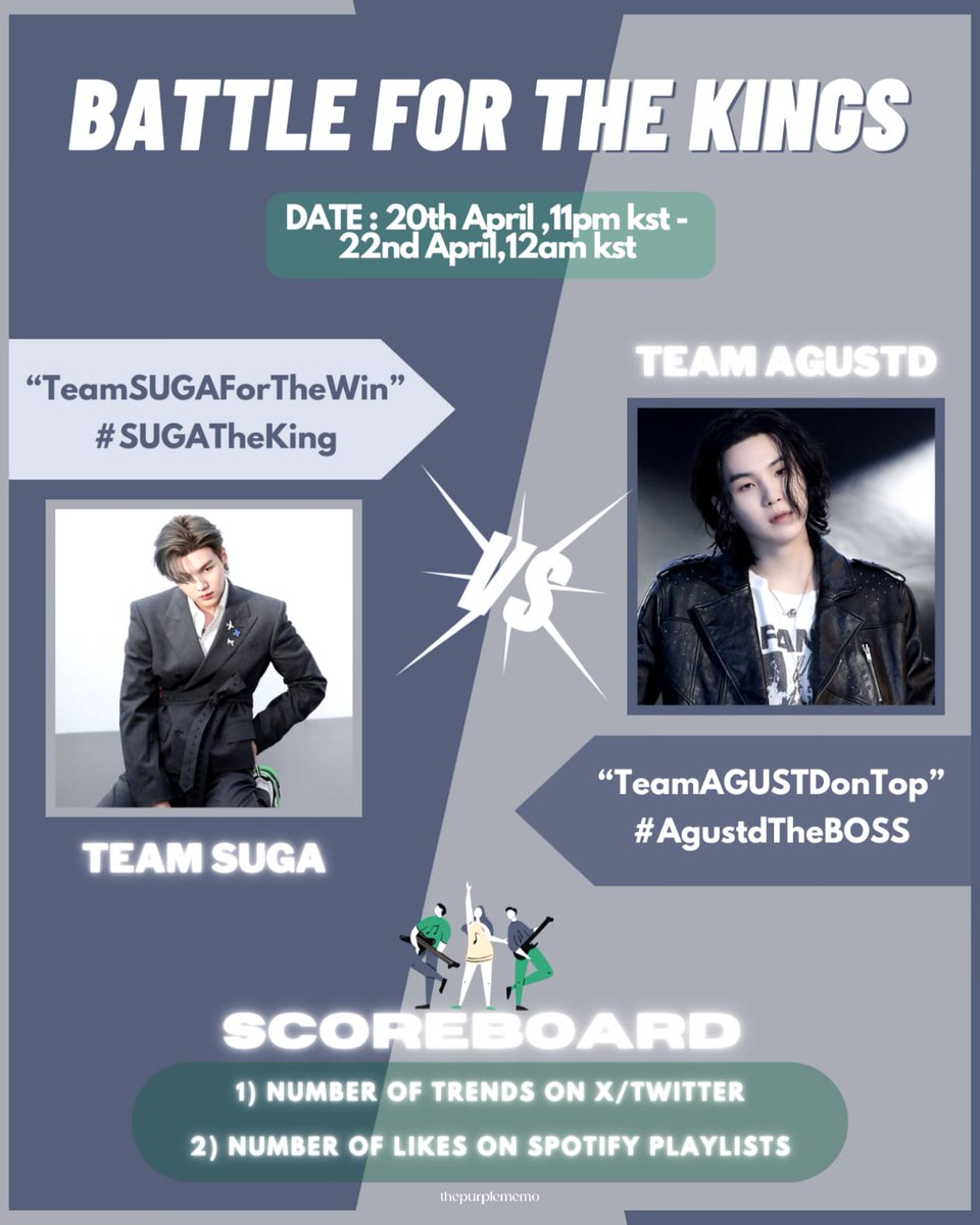 ⚔️ BATTLE FOR THE KINGS⚔️ 🛡️Jump in battlefield, join your team and crown your king by winning this ultimate battle🫅 🤺Team SUGA vs Team AGUSTD. Let's witness the king of battlefield🥢 #TeamSUGAforTheWin 🥷🏻:linktr.ee/namjoonverse #TeamAGUSTDonTop 🥷🏻:linktr.ee/btsbabe
