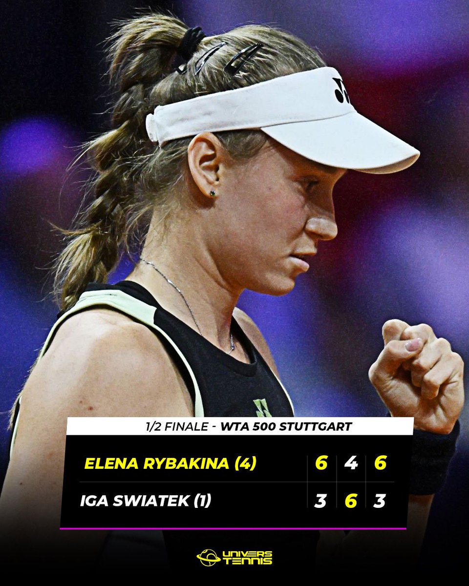 UniversTennis's tweet photo. RYBAKINA FAIT TOMBER LA DOUBLE CHAMPIONNE EN TITRE À STUTTGART 💥 

Après 2h50 de combat, Elena Rybakina s’offre Iga Swiatek en trois sets sur la terre battue du WTA 500 de Stuttgart et se qualifie pour sa CINQUIÈME finale de la saison. 🔥🇰🇿 https://t.co/w8EblZbBR1