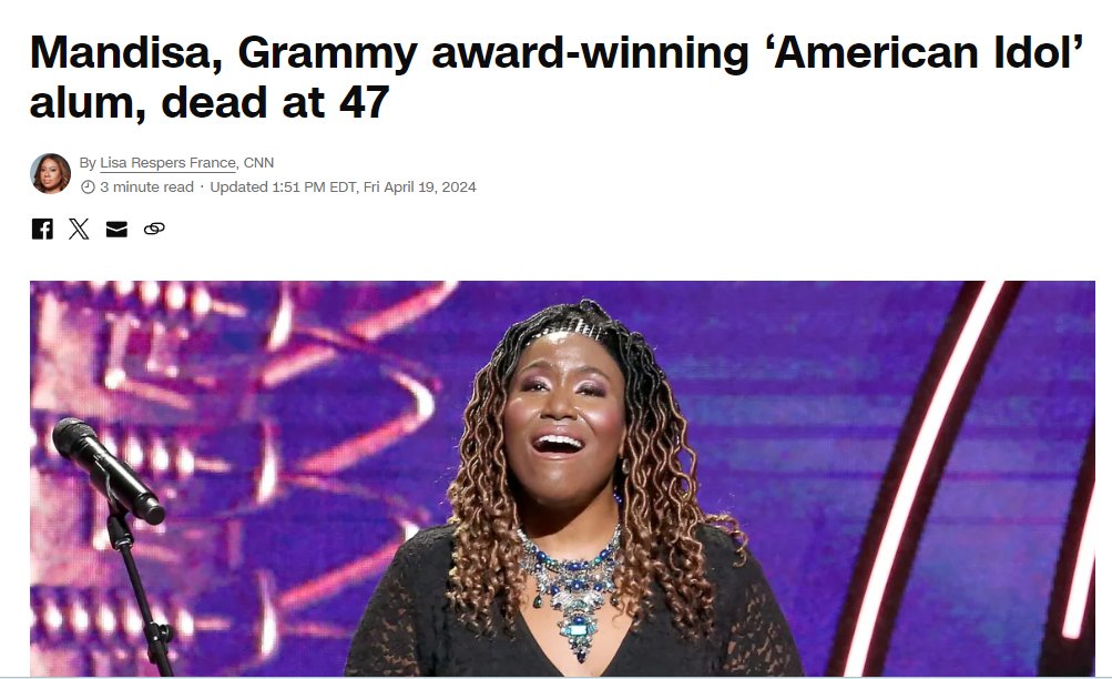 Mandisa, Grammy award-winning ‘American Idol’ alum, dead at 47. Cause of death not known. edition.cnn.com/2024/04/19/ent…