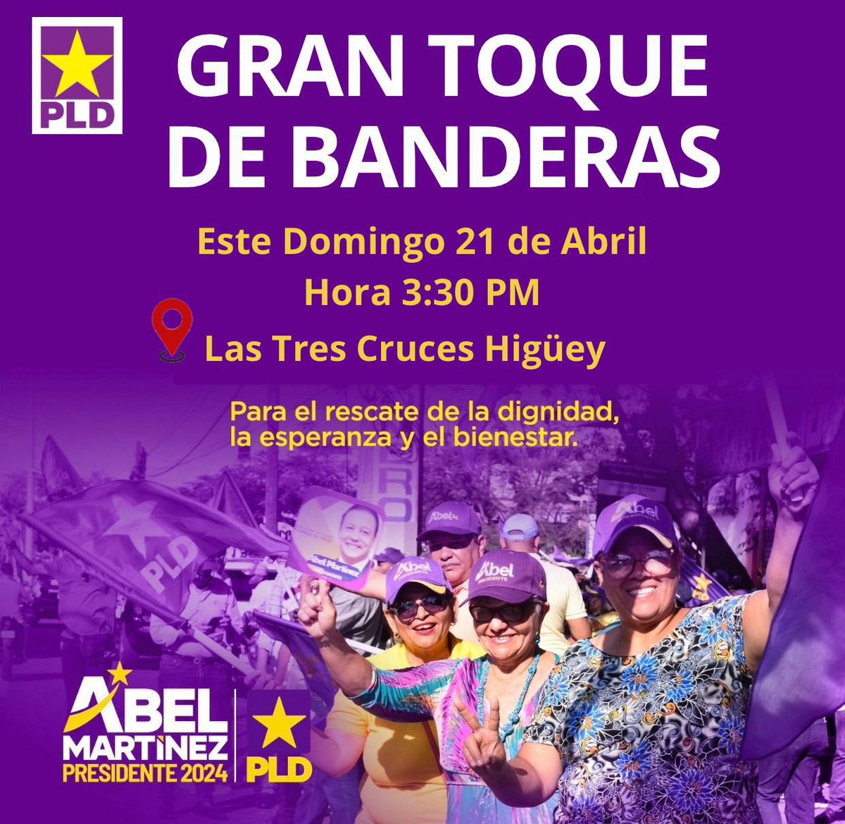 pldhiguey's tweet photo. Acompáñanos este domingo con tu Bandera a las 3:30 Pm a nuestro “Toque de Banderas” en las 📍Tres Cruces de Higüey.
#pld💜⭐️ #pldhigüey #toquedebanderas #abelmartinezpresidente #abelpresidente https://t.co/sxSbAf5oxl