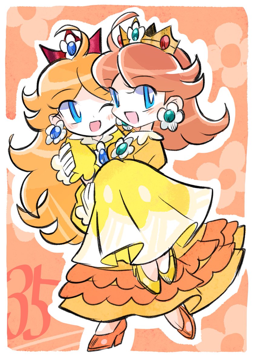 princess daisy long hair looking at viewer blush smile open mouth blue eyes multiple girls  illustration images