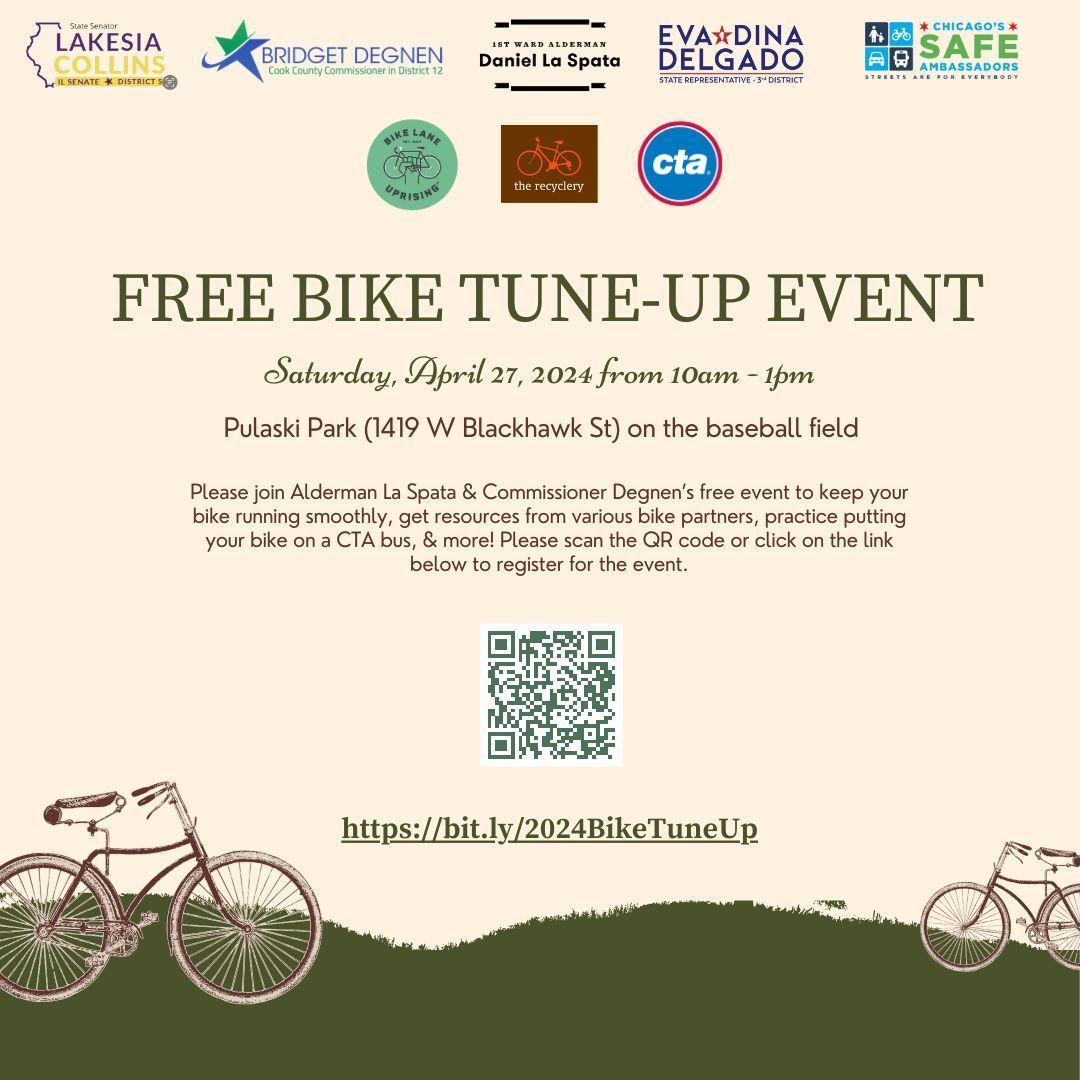 Our Bike Tune-Up Event is just one week away! Join us at Pulaski Park from 10am-1pm to meet community partners, learn about their resources & more. Appointment slots are filled but walk-ins will be accepted (first-come, first-served). Hope to see you there!