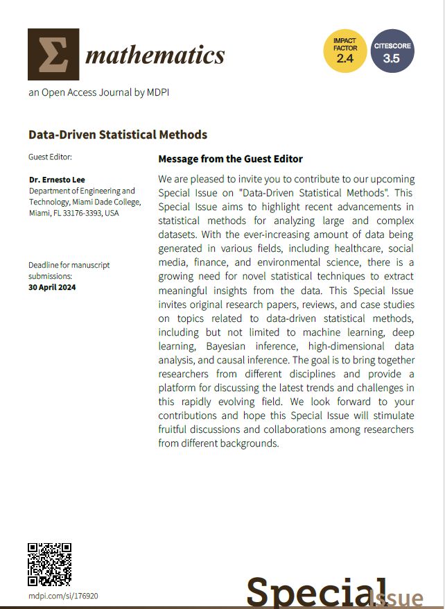 MathematicsMDPI's tweet image. Welcome to submit your paper into the SI:

Data-Driven Statistical Methods 
buff.ly/3PYVVMk 

Keywords: #machinelearning; #statisticalmethods; #Bayesianinference; #highdimensional data analysis;#datadriven 

🔓 Deadline: 30 April 2024 

#MDPIOpenAccess   #ComSciMath_Mdpi