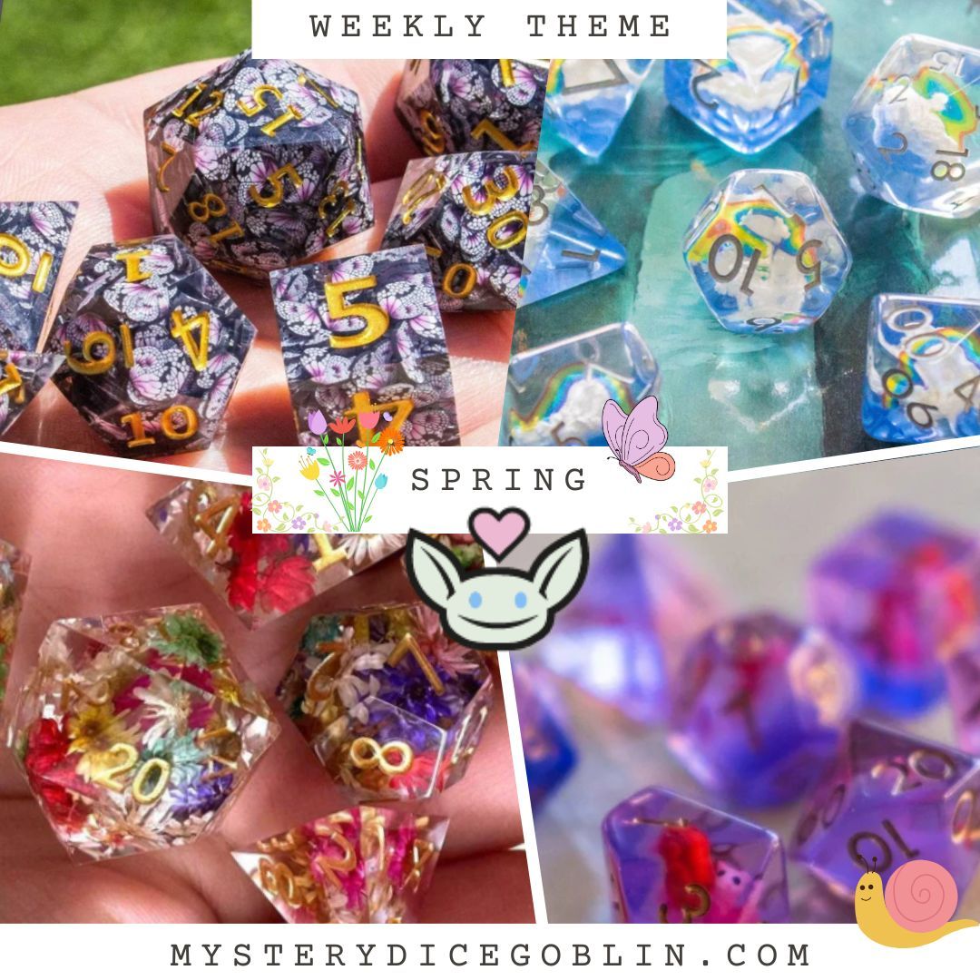 M_DiceGoblin's tweet image. Spring has sprung and we have the perfect dice sets to capture the spirit of the season! 

Top Left: Butterfly Sharp
Top Right: Cloudy dream Blue
Bottom Left: Flower Sharps
Bottom Right: Pink Snails 

#spring #flowerdice #sharpdice #dicegoblin #filleddice #d&amp;amp;d #dungeonsanddragons