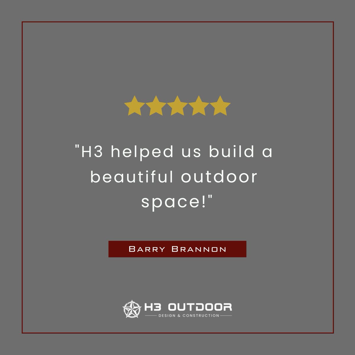 Thanks, Barry for your review of your new outdoor space by H3 Outdoor Design. We're so glad to have been part of your transformation! 😊
For more reviews, visit h3outdoordesign.com/reviews/ 
#H3OutdoorDesign #PatioDesign #5Stars