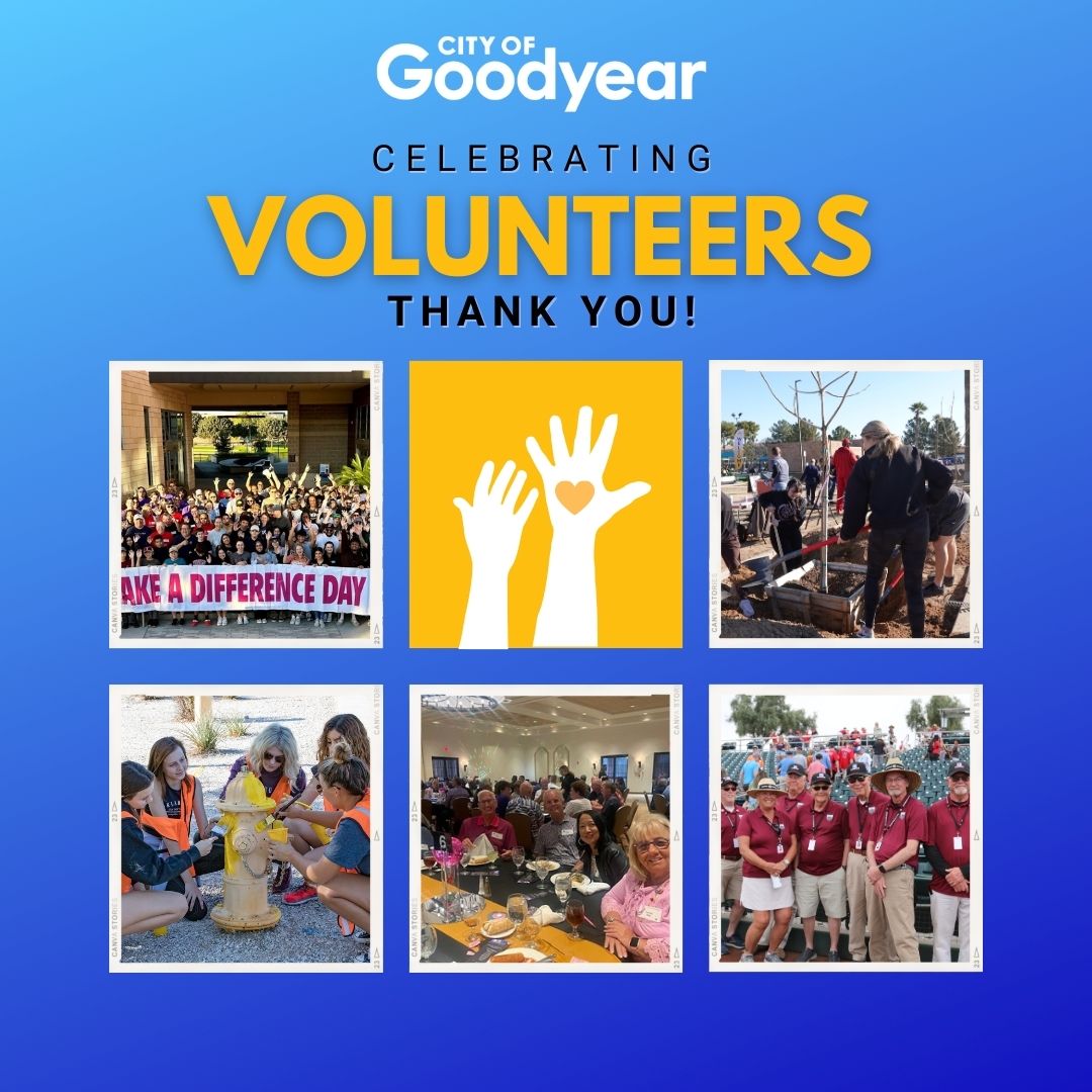 🌟 On #VolunteerAppreciationDay, a big thank you to all our incredible volunteers! 🙌 With over 18,000 hours donated last year alone, valued at $560,000, they make Goodyear shine! 💖 Want to join them? Call us at 623-882-7567. #WeAreGoodyear #CityofGoodyear #GoodyearAZ