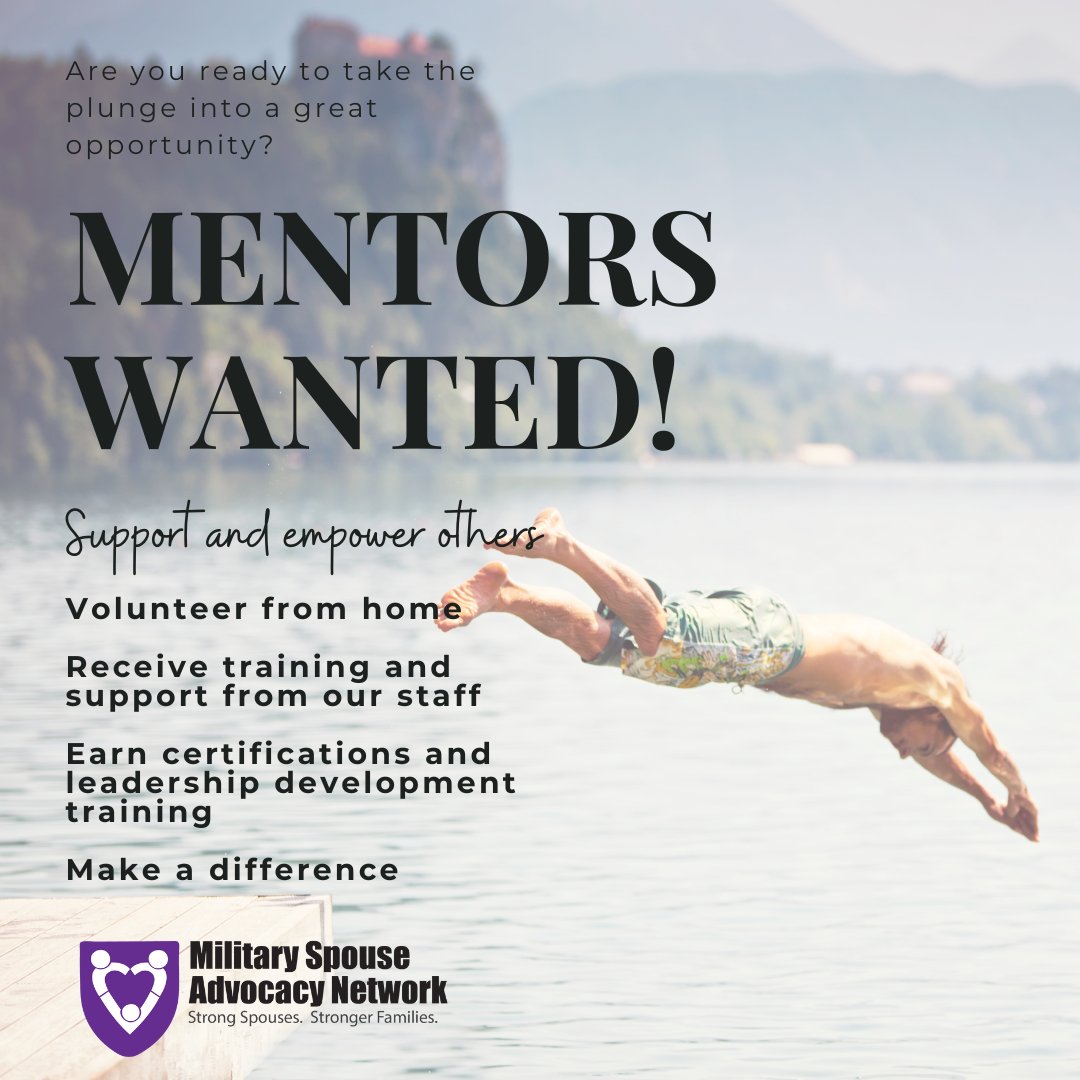 Are you passionate about supporting military spouses? We're looking for dedicated mentors to join our team and make a positive impact. Join us at militaryspouseadvocacynetwork.org/become-a-mentor #MentorsWanted #MilitarySpouse #MSAN #MilitaryLife #Military #Empowerment