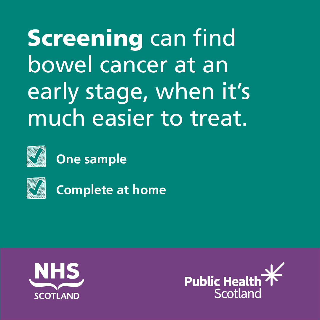 People living in Scotland aged 50 to 74 are sent a home bowel screening test every two years. The test can be done in the privacy of your home and returned using the pre-paid envelope provided. 

To find out more, visit nhsinform.scot/bowelscreening

#BowelScreeningScotland