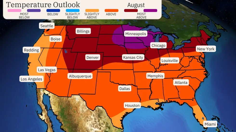 LAmag's tweet photo. AUGUST: Closing out summer with a scorcher! ๐ August's heat will march from the West Coast all the way to New England. Especially warm in the Dakotas to the Great Lakes. Most of the nation, prepare for a toasty one! #AugustHeatwave #SummerOutlook https://t.co/qywhsIoAVR