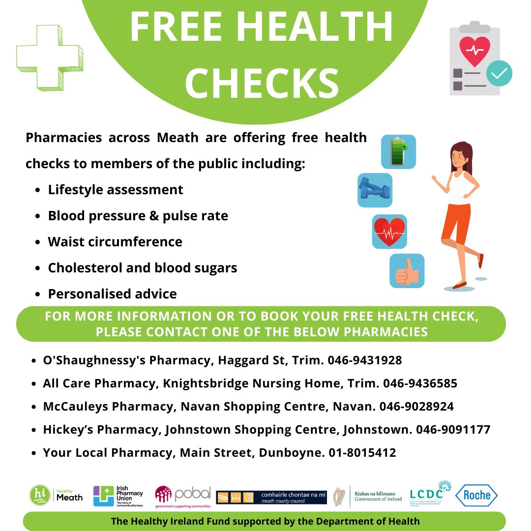 Healthy Meath have extended our Free Health Checks programme.

Contact one of the participating pharmacies or email healthymeath@meathcoco.ie for more info.

Full details at: bit.ly/4aDTJSW

#HealthyMeath #ReduceYourRisk