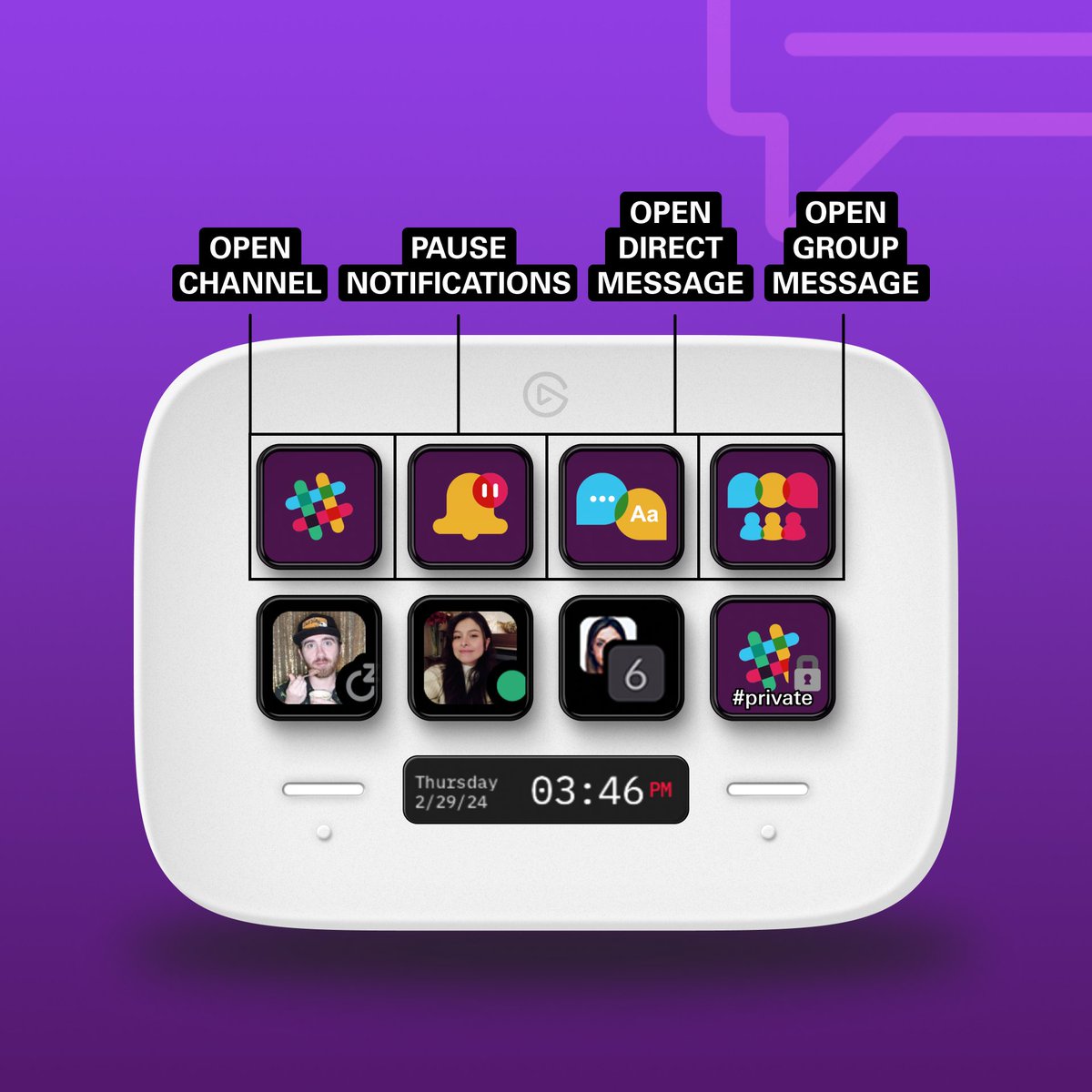 Slack users - you can use Stream Deck Neo to: 💬 Open DM's with individuals or groups 🟢 Access private and public channels ⏸ Pause or resume notifications