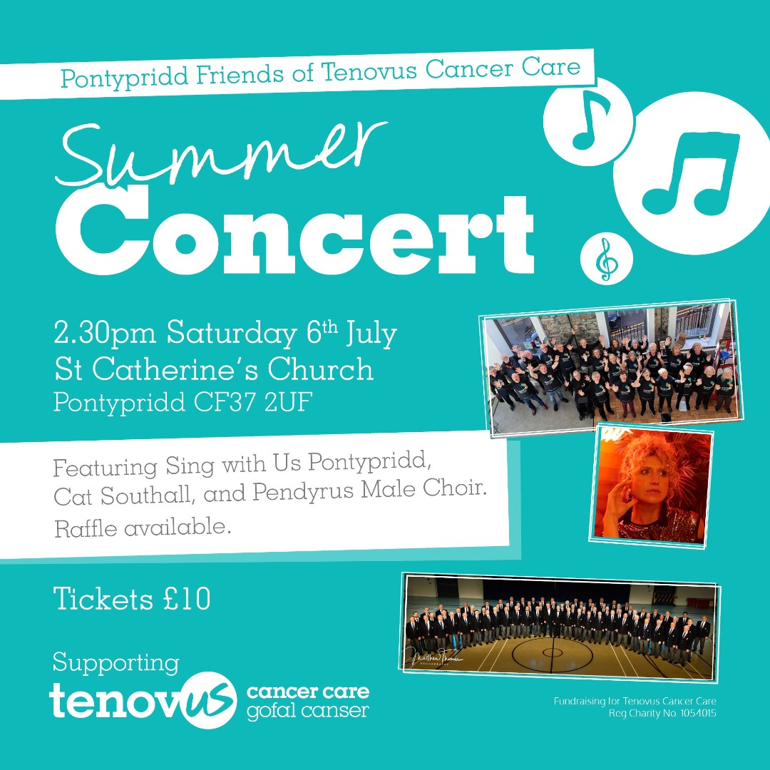 Join our Sing with Us Pontypridd choir, @CatSouthall and Pendryus Male Voice Choir on Saturday, 6th July for an amazing Summer Concert at St Catherine's Church, Pontypridd. Get your tickets now! tenovuscancercare.org.uk/PontypriddFOTS… @SingwithUsChoir