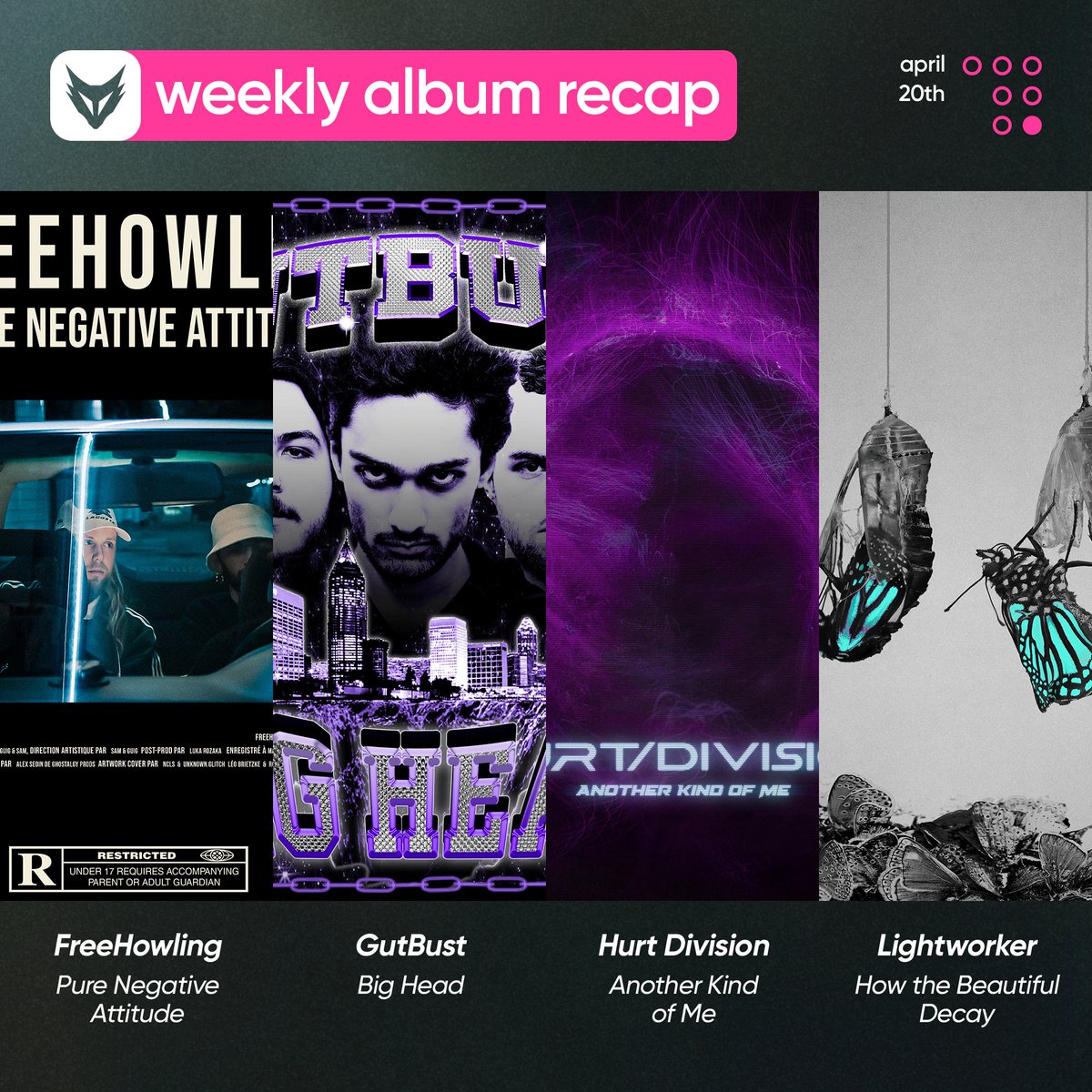 FOXCOREisdead's tweet photo. // Weekly album recap, Pt. VII: April 20th

#FreeHowling — Pure Negative Attitude - EP
@gutbustatl — Big Head - EP
#HurtDivision — Another Kind of Me - EP
@Lightworker_SF — How the Beautiful Decay https://t.co/LJJPuikOGQ