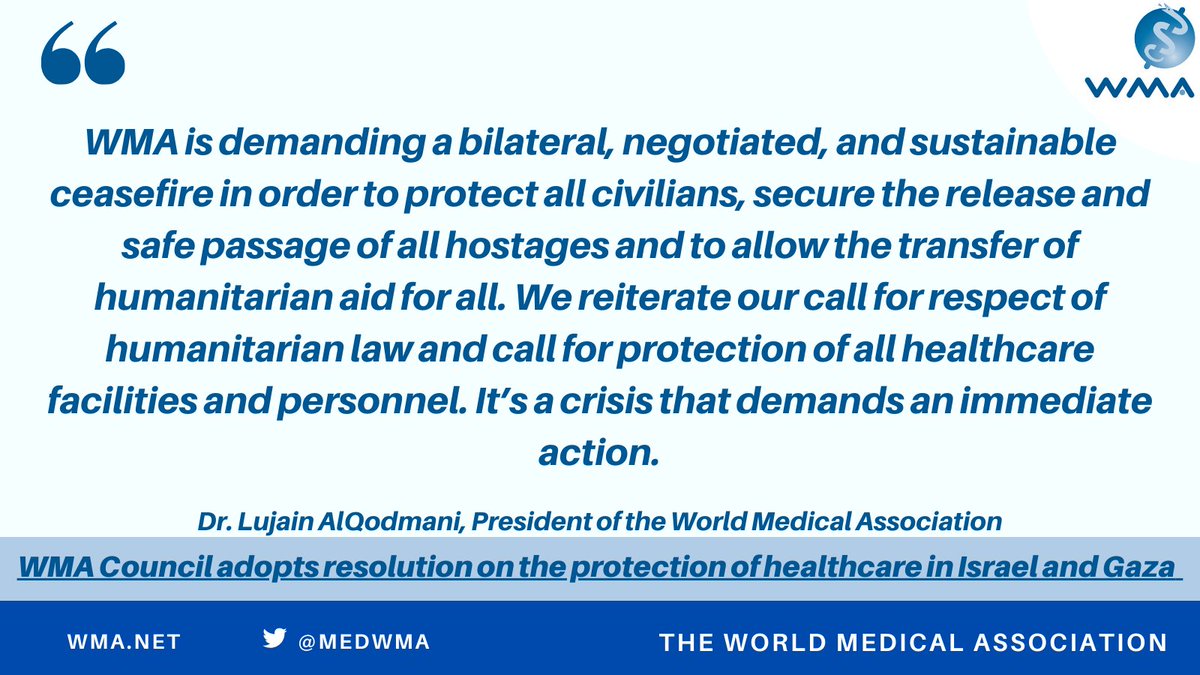 WMA Council adopts resolution on the protection of healthcare in Israel and Gaza. 

Full Press Release: wma.net/news-post/wma-…

Full Text of the Resolution: wma.net/policies-post/…