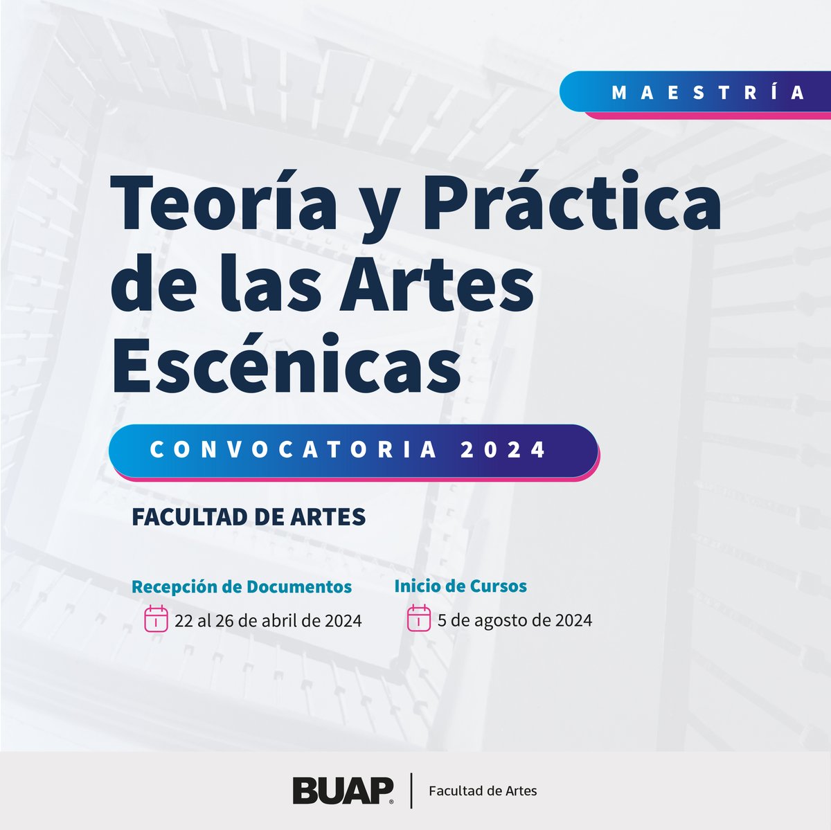 Maestría en Teoría y Práctica de las Artes Escénicas. 📅22 al 26 de abril de 2024, recepción de documentos. Consulta la Convocatoria en: ow.ly/QtXQ50Rk4Uu #PosgradosBUAP2024 #Maestría #BUAP