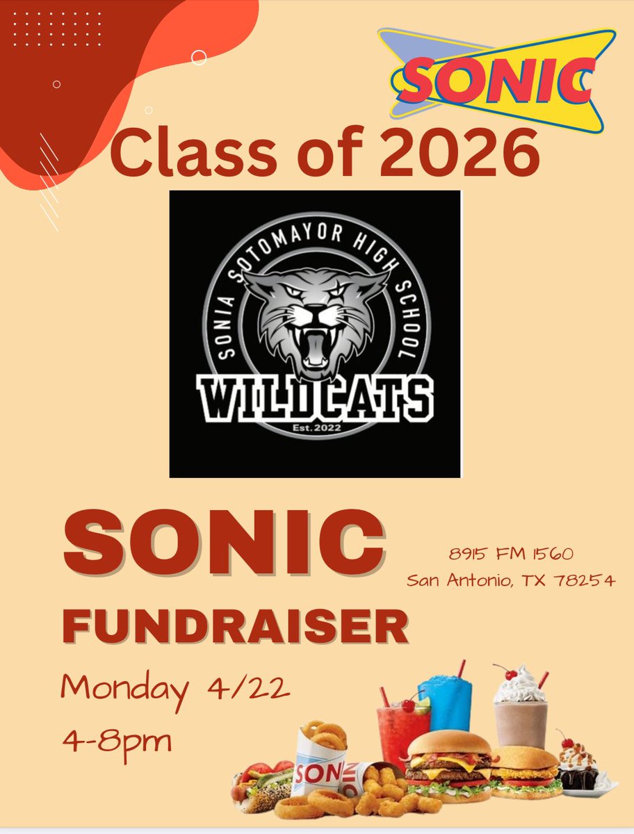 Please come support the Class of 2026 on Monday, April 22nd at Sonic on FM1560! Orders placed between 4-8 will count towards our spirit night and we appreciate your support! This is the final fundraiser of the year for the Sophomore class.