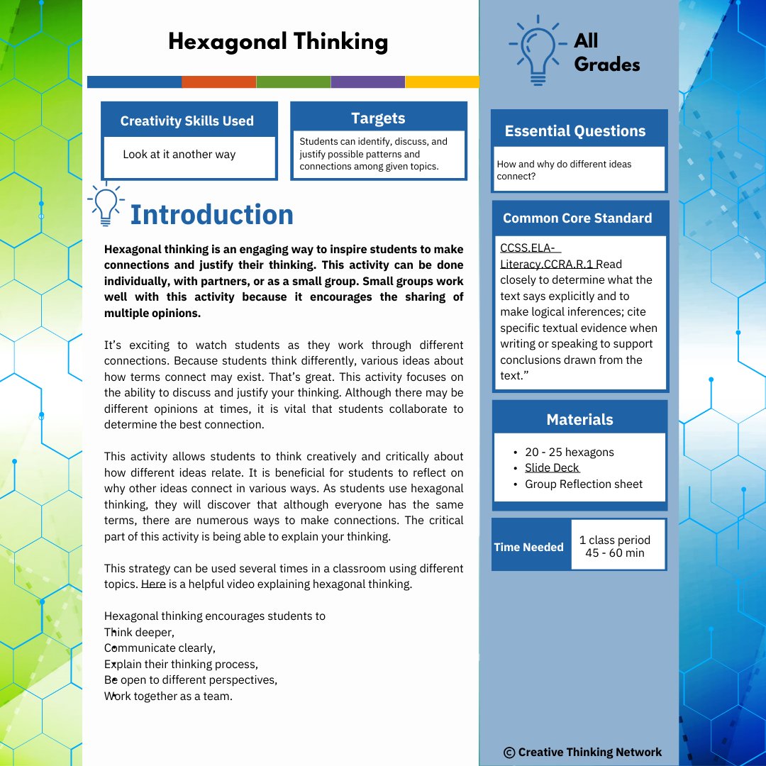 Journey through the world of 'Hexagonal Thinking' with a thought-provoking lesson plan meticulously designed by Katie Trowbridge. Become a CTN member today and unlock a wealth of transformative educational resources tailored to inspire and empower educators and learners alike.