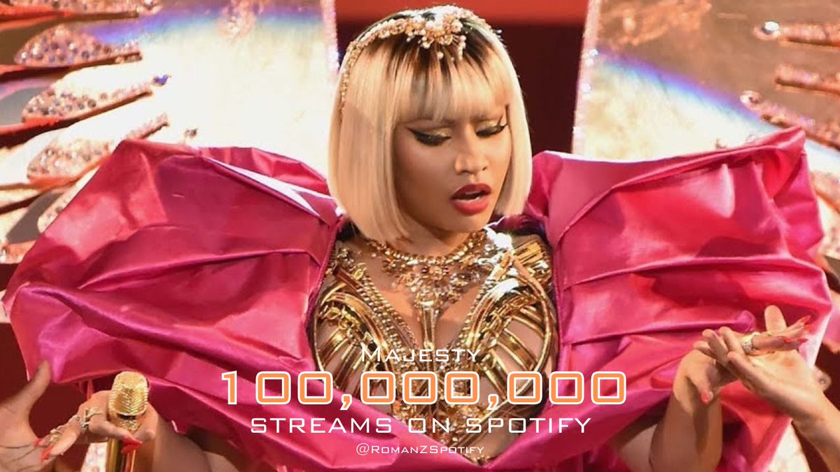 'Majesty' by Nicki Minaj, Labrinth and Eminem surpassed 100 million streams on Spotify. This is the sixth track on 'Queen' to reach this milestone, as well as the 42nd as Lead Artist and 82nd overall.