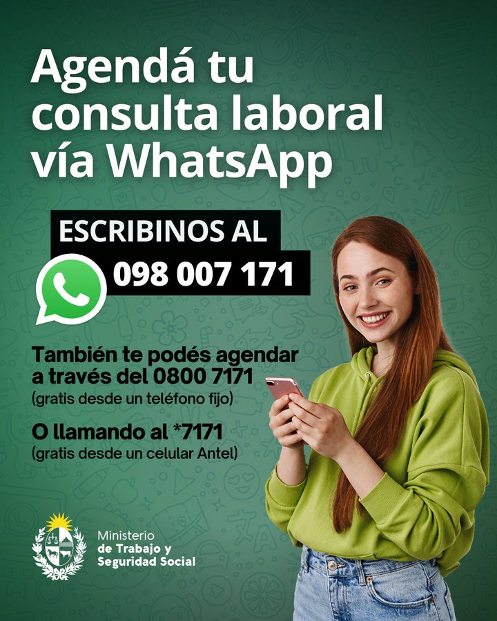 📢Gracias a nuestro servicio de atención a través de WhatsApp 𝐞𝐬 𝐦𝐮𝐲 𝐟𝐚́𝐜𝐢𝐥 agendarse para realizar una consulta laboral o informarse sobre los distintos servicios del ministerio. 📱𝟬𝟵𝟴 𝟬𝟬𝟳 𝟭𝟳𝟭.