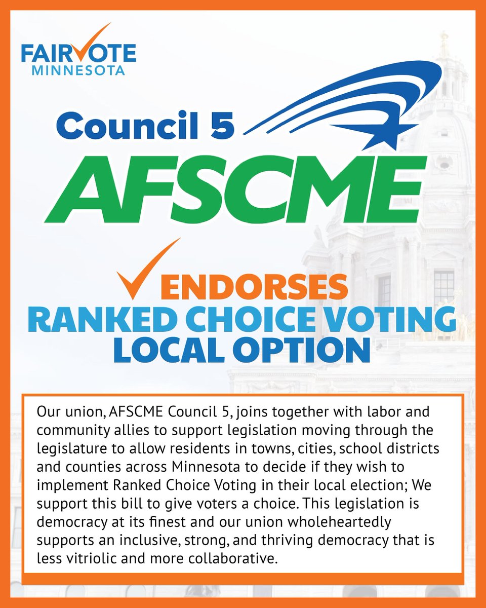 FairVoteMN's tweet photo. Thank you AFSCME Council 5 for your support of the #rankedchoicevoting local option legislation!
Labor orgs have long been leaders in the fight to expand our democracy, and the effort to give MN cities, counties, and school districts choice in their elections is no different! https://t.co/pSTX41sGjc