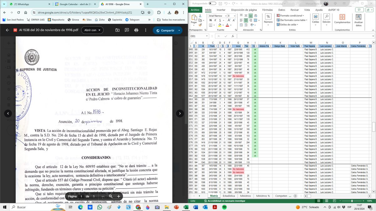 manuelrierad's tweet photo. Casi terminando la matrización de 650 resoluciones (AI) de la CSJ @PoderJudicialPY para sacar la 2ª edición de los #rechazos #inlimine de las acciones de inconstitucionalidad. Con alumnos y exalumnos de la @unicatolicapy tendremos el estudio del período 1992-2023 democrático 💪🏼 https://t.co/PjbyBuuWc4