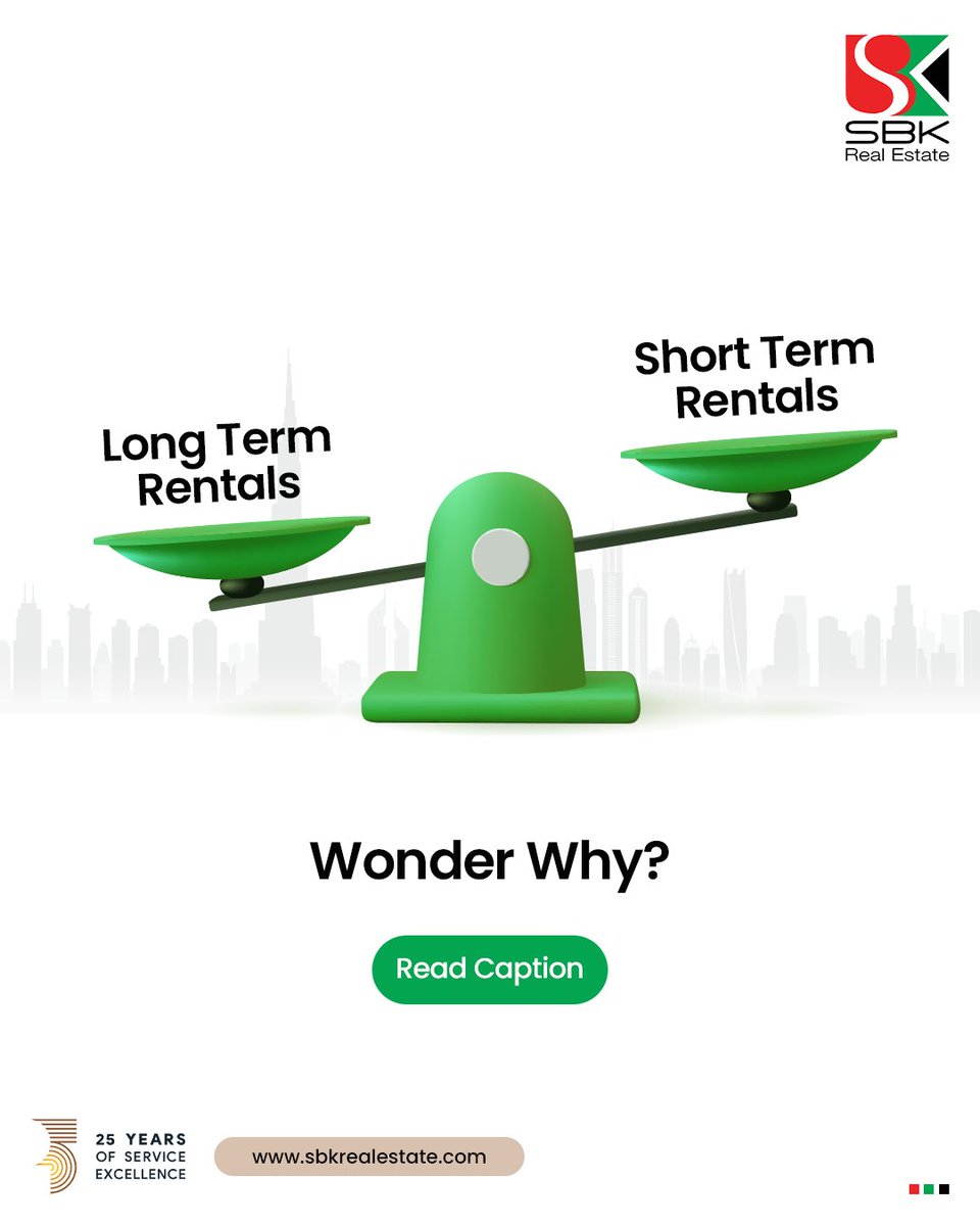 In #Dubai, long-term rentals are 60% more profitable than short-term ones!

✅#ShortTermRentals require maintenance, and marketing, resulting in high operational costs.

✅#LongTermRentals offer income stability, less administrative hassle, & higher earnings.

#SBKRealEstate