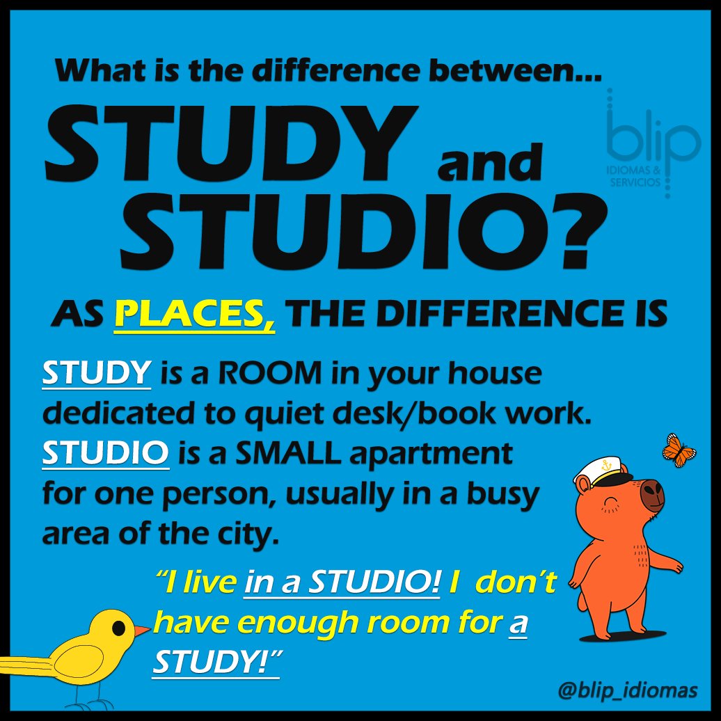 Blip_Idiomas's tweet image. #TheDifference between STUDY &amp;amp; STUDIO is...

STUDY is a room; STUDIO is a small apartment.

(STUDIO is also the place where musicians make records and photographers do their shoots).

🧑‍🏫PRO TIP: use the words in conversation in less than 48 hours to improve retention).

❤️ 🔃 💬