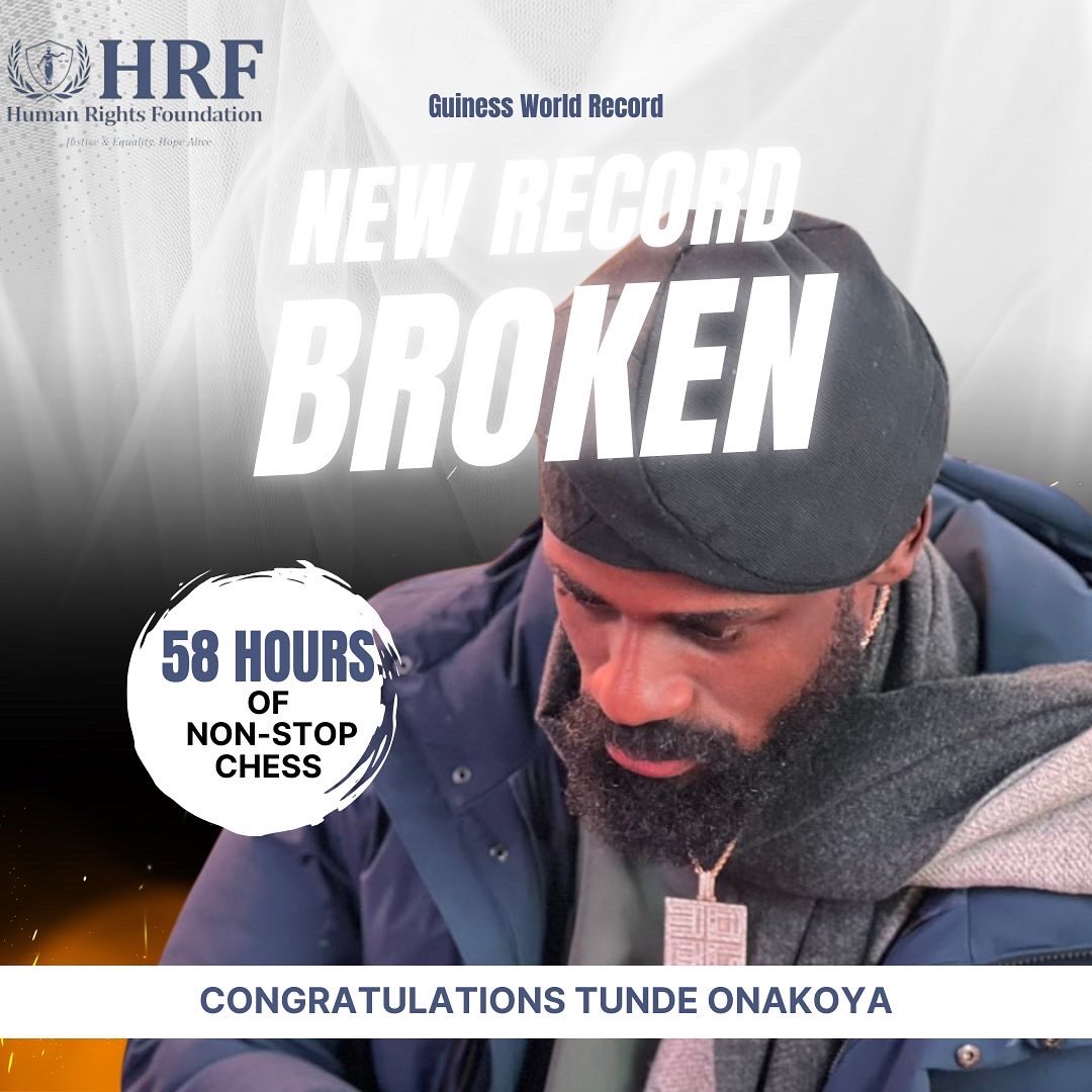 Congratulations @Tunde_OD on breaking the Guinness World Record for non-stop chess playing! Your dedication to the game is truly inspiring. 

Your work in empowering children in the slums is also highly commendable. 

Well done from the HRF family!

| #Tunde58hoursofChess #hrfng|
