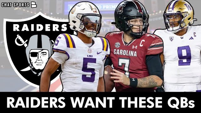 The Raiders want Jayden Daniels but if they are unable to trade up for him. Look for LV to target Michael Penix Jr. & Spencer Rattler Watch: youtu.be/I6djIvKhbN4?fe… 🏴‍☠️ Though @JeremyChuggs thinks there is another QB the Silver & Black to draft 👀