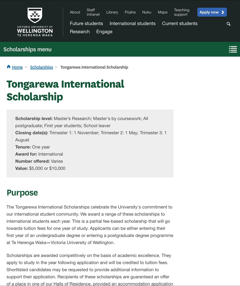$5,000 or $10,000 for BA&MA students to Victoria University Wellington, Netherlands Tongarewa International Scholarship Deadline: 1 May 2024 & 1 August 2024 Want to work with me? I will guide you to apply for 3 scholarships. DM for terms