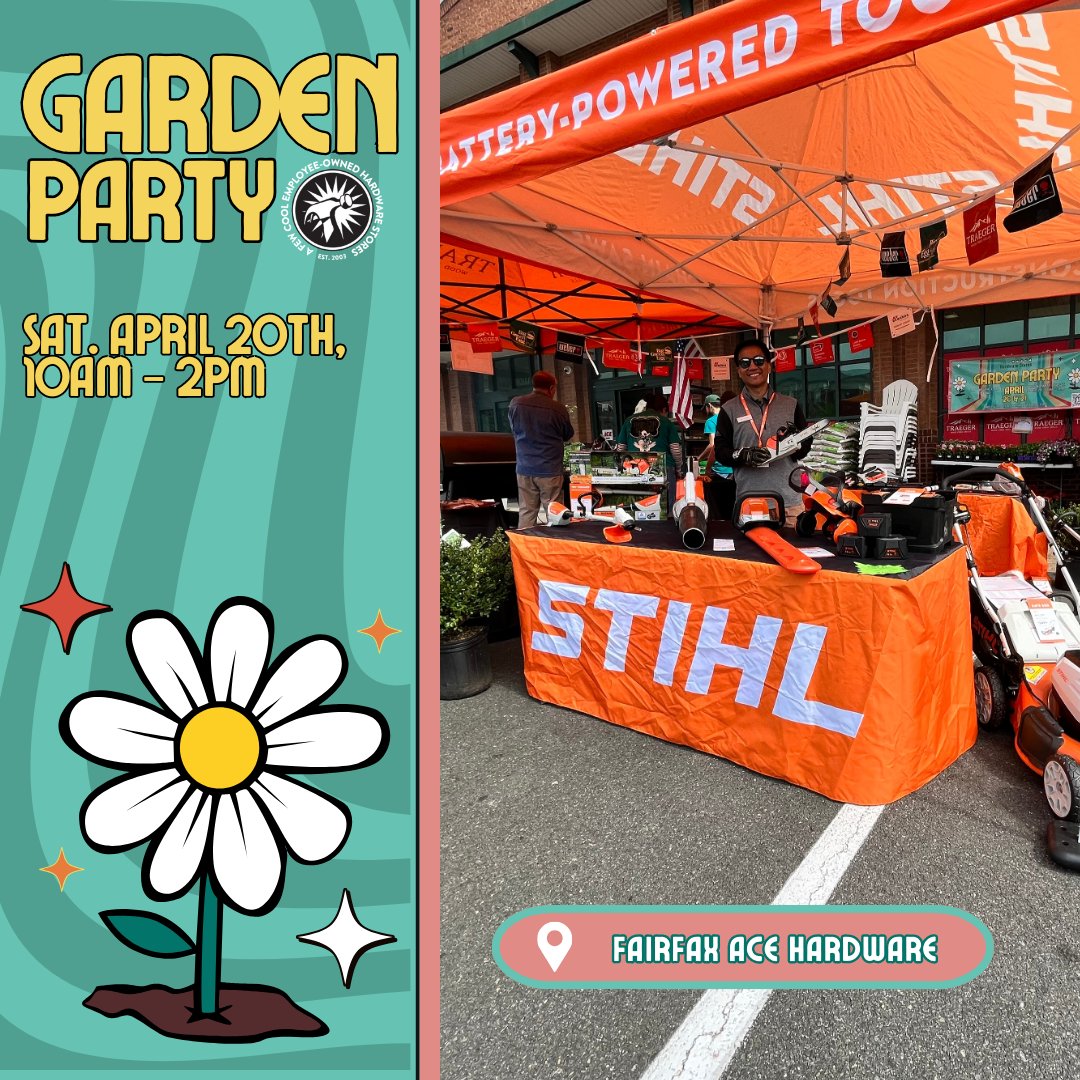 FairfaxAce's tweet photo. Garden Party is here and it’s in full swing! Rev from STIHL is here to help us jam out to some tunes and offer great advice until 2pm. Grab some popcorn and a basket and save big with your favorite neighborhood helpful folks 🪴💕
.
.
.
#garden #gardenparty #gardening... https://t.co/z0IFC30EHm