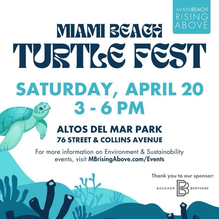 Reminder: Turtle Fest is today in Altos Del Mar Park! Saturday, April 20 3 PM - 6 PM Altos Del Mar Park 76 Street & Collins Avenue See you there for a turtle-y awesome time! 🐢