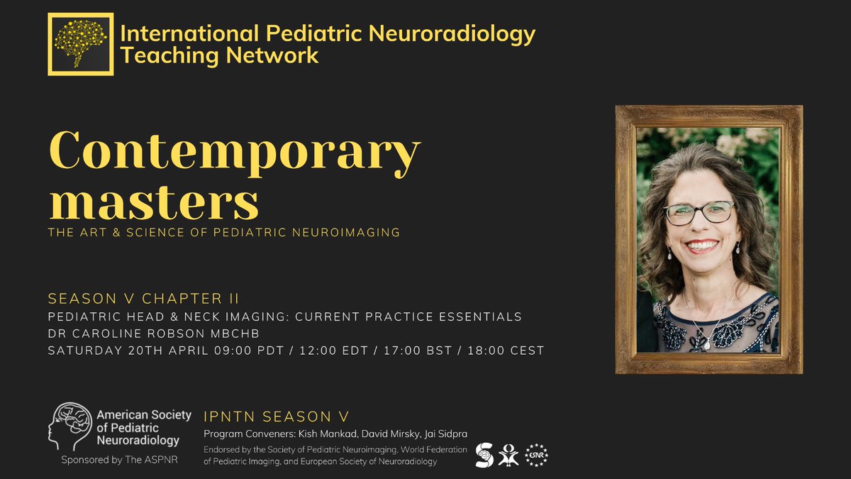 One hour to go...!!! International Pediatric Neuroradiology Teaching Network Season V: Contemporary Masters Chapter II: Caroline Robson, MBChB April 20, 2024 Register once and get access to the full season! 👉aspnr.org/learning/inter…… @WorldFederation @spinacademics…