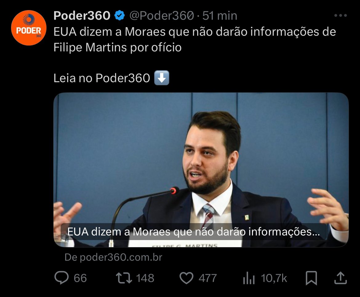 🚨 CASO FILIPE MARTINS - O governo dos Estados Unidos comunicou ao ministro Alexandre de Moraes, do STF (Supremo Tribunal Federal), que não fornecerá via ofício informações sobre a entrada ou a saída no país de Filipe Martins, ex-assessor de Jair Bolsonaro (PL). - O