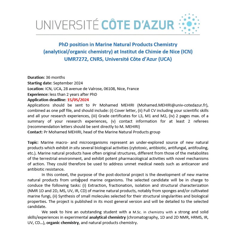 M. Mehiri Research Group (Marine Natural Products) (@mehiri_group) on Twitter photo Are you interested in marine natural products research and having a strong experience in analytical and organic chemistry ? Join us at <a href="/NiceChemistry/">Institut Chimie Nice</a> for a PhD dedicated to Marine Natural Products Chemistry Are you interested in marine natural products research and having a strong experience in analytical and organic chemistry ? Join us at <a href="/NiceChemistry/">Institut Chimie Nice</a> for a PhD dedicated to Marine Natural Products Chemistry