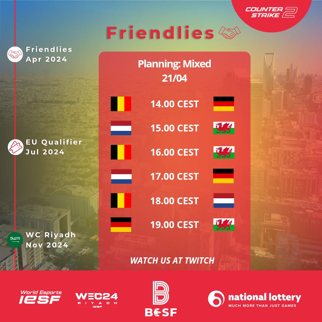Come watch & support tomorrow from 14.00 our #CS2 national team in friendlies matches VS 🇩🇪🏴󠁧󠁢󠁷󠁬󠁳󠁿🇳🇱 📺 twitch.tv/esports_belgium Pre-show starts at 13.50 with our National team Commissioner @samsonem #RoadToRiyadh #WEC24 #iesf #LOTTO #omdathetkan #parcequecestpossible