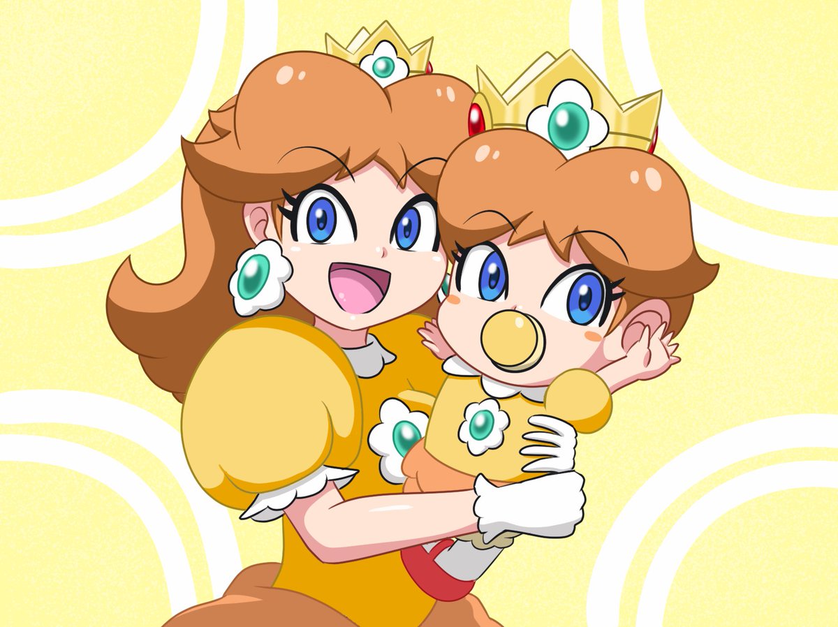 princess daisy long hair looking at viewer smile open mouth blue eyes multiple girls brown hair  illustration images