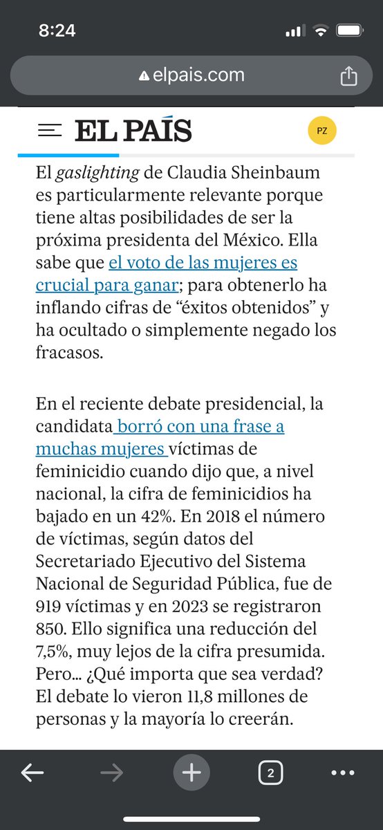 En el debate @Claudiashein presumió una falsa reducción de los feminicidios en el país. ¿Qué importa si es verdad? El debate lo vieron 11.8 millones de personas y la mayoría le creerán. Escribí sobre el gaslighting q nos hace Claudia en este y otros temas elpais.com/mexico/opinion…