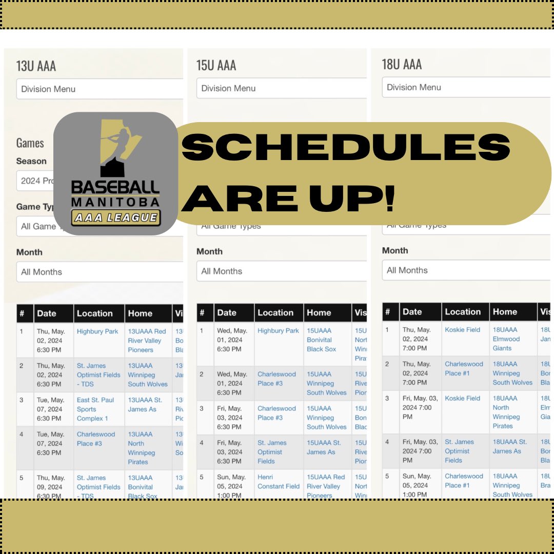 baseballmbaaa's tweet image. Schedules have been added to the AAA League website for 13UAAA, 15UAAA, and 18UAAA! aaabaseballmanitoba.ca